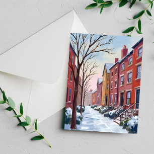 City Snowfall Winter Watercolor Painting Card
