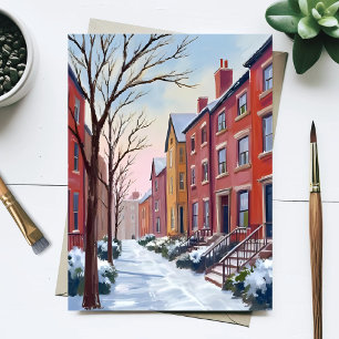 City Snowfall   Winter Watercolor Painting Postcard