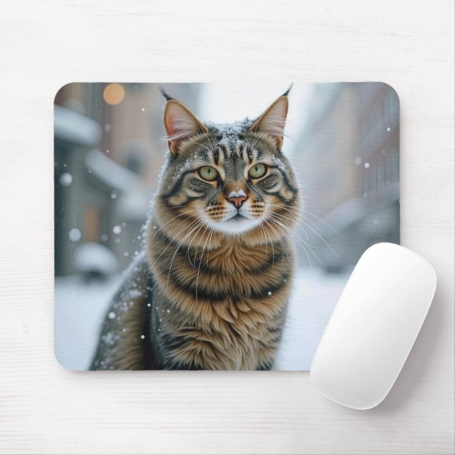 City Street Cat In Snow Mouse Pad (With Mouse)