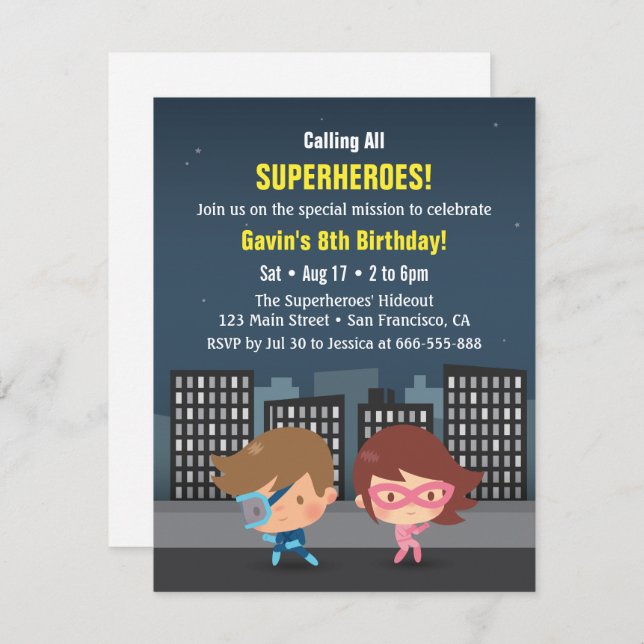City Superheroes Kids Birthday Party Invitations (Front/Back)