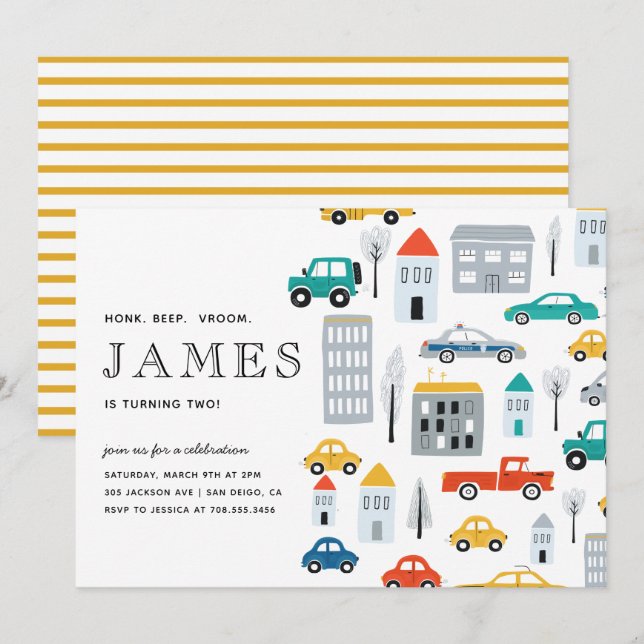 City Transportation Boy Cars Second Birthday Party Invitation (Front/Back)