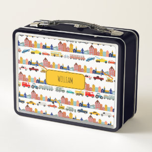 City Transportation Vehicles Kids Custom Name  Metal Lunch Box