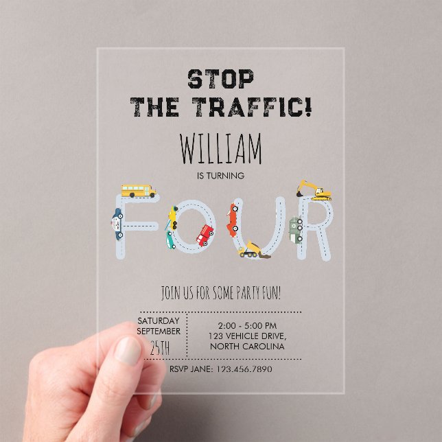 City Transportation Vehicles Truck Four Birthday Acrylic Invitations (Insitu (Handheld))