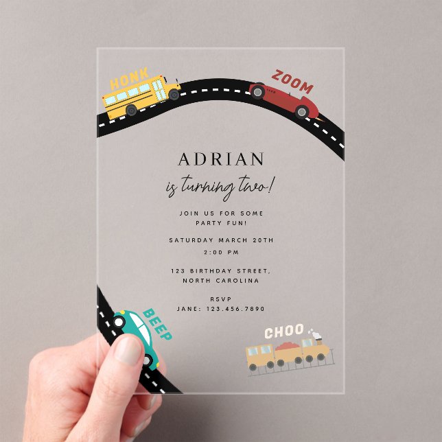 City Transportation Vehicles Truck Second Birthday Acrylic Invitations (Insitu (Handheld))