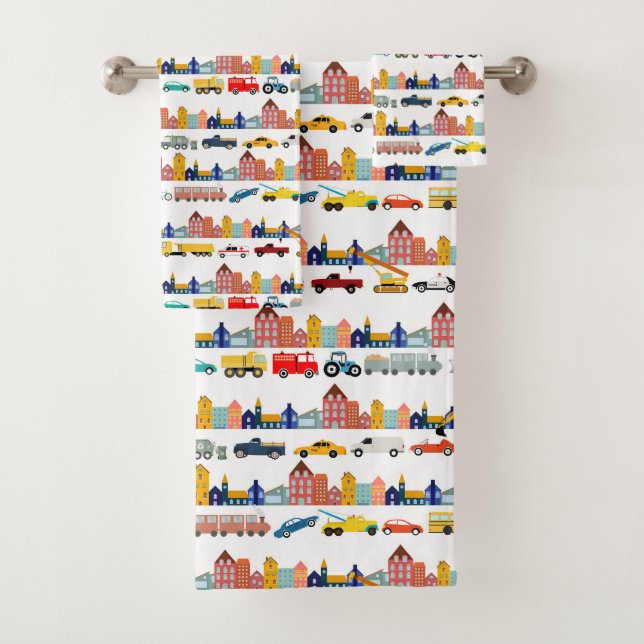 City Transportation Vehicles Trucks Cars Kids Bath Towel Set (Insitu)