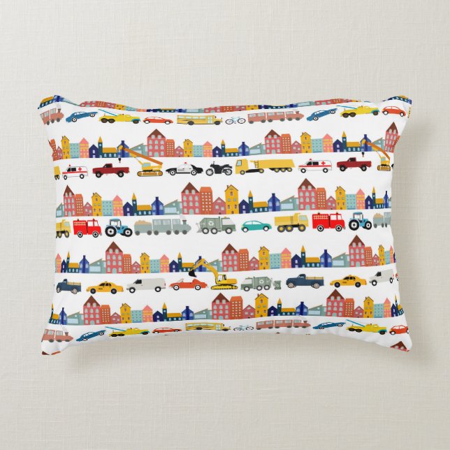 City Transportation Vehicles Trucks Cars Kids Decorative Cushion (Front)