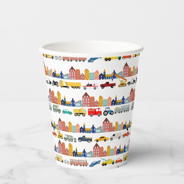 City Transportation Vehicles Trucks Cars Kids Paper Cups (Front)