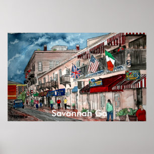 Cityscape architecture historical art, Savannah Ga Poster