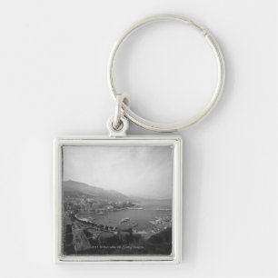 Cityscape at harbour B&W elevated view Key Ring