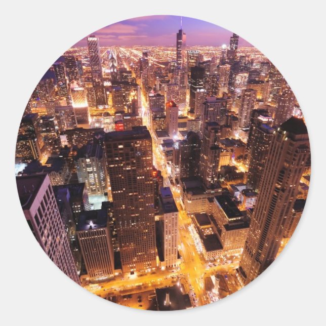 Cityscape at night of Chicago Classic Round Sticker (Front)