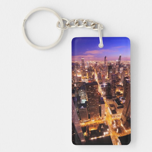 Cityscape at night of Chicago Key Ring (Front)
