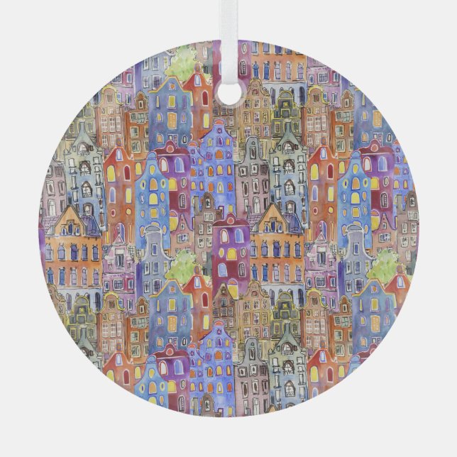 Cityscape houses, seamless urban pattern. glass tree decoration (Front)