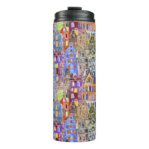 Cityscape houses, seamless urban pattern. thermal tumbler