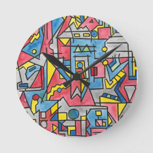 Cityscape-Modern Bauhaus Geometric Watercolor Art Round Clock