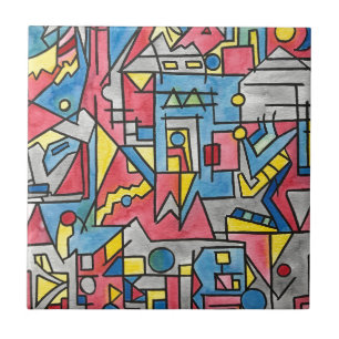 Cityscape-Modern Bauhaus Geometric Watercolor Art Tile