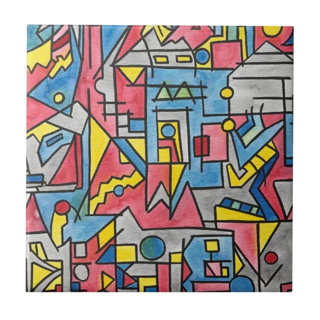 Cityscape-Modern Geometric Watercolor Art Tile (Front)