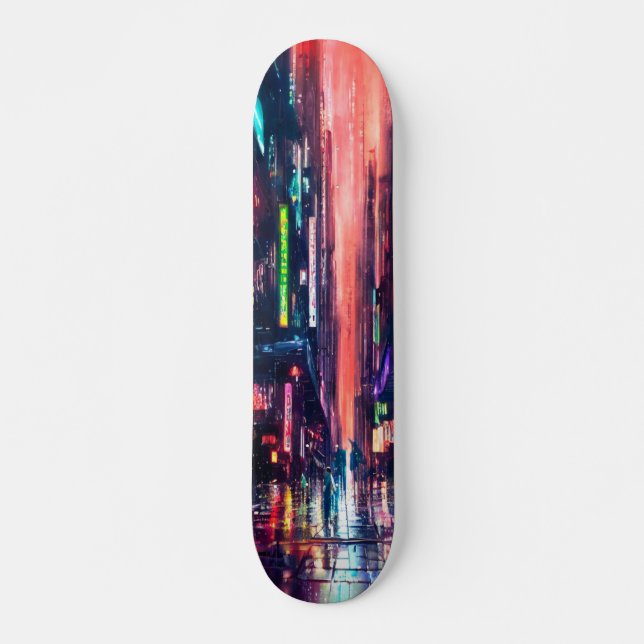 CityScape Neon Lights in Rain Design Skateboard (Front)