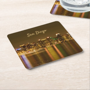 Cityscape Skyline Night California San Diego Square Paper Coaster