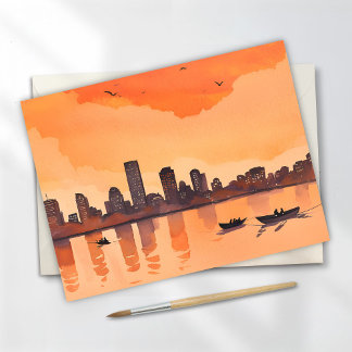 Cityscape Sunset | Orange City Skyline Watercolor Postcard