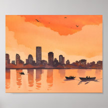 Cityscape Sunset | Orange City Skyline Watercolor