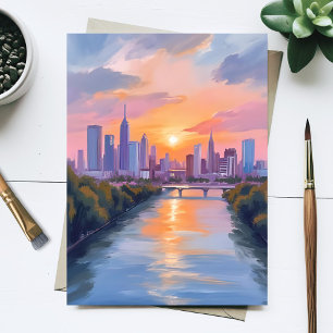 Cityscape Sunset Watercolor Painting Postcard