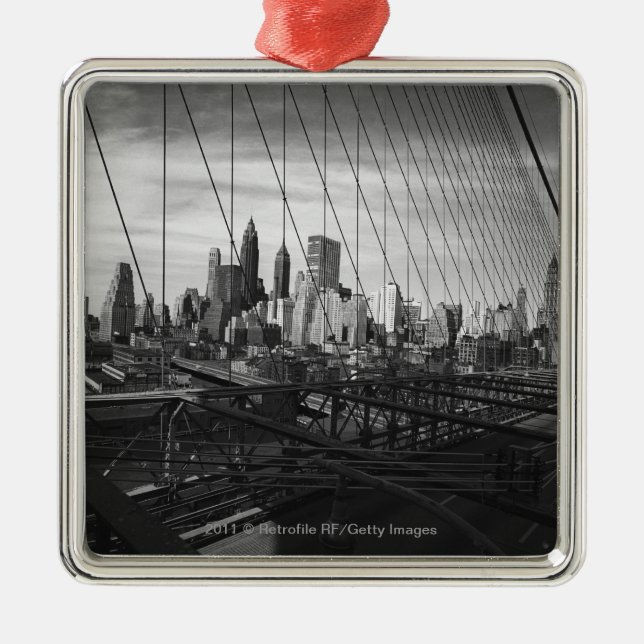 Cityscape through bridge cables metal tree decoration (Front)