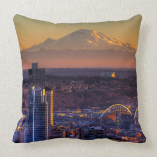 Cityscape view of Seattle downtown, football Cushion