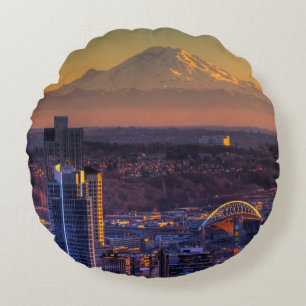 Cityscape view of Seattle downtown, football Round Cushion