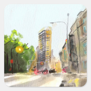Cityscape watercolor painting square sticker