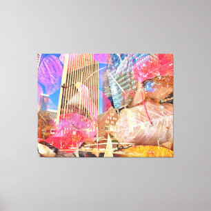 Cityscape with Red Autumn Leaves Overlaid Abstract Canvas Print