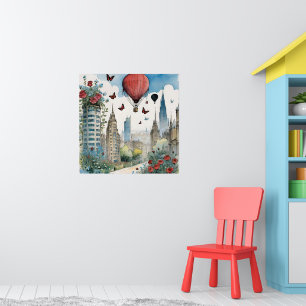 Cityscape with Roses Hot Air Balloon & Butterflies Poster
