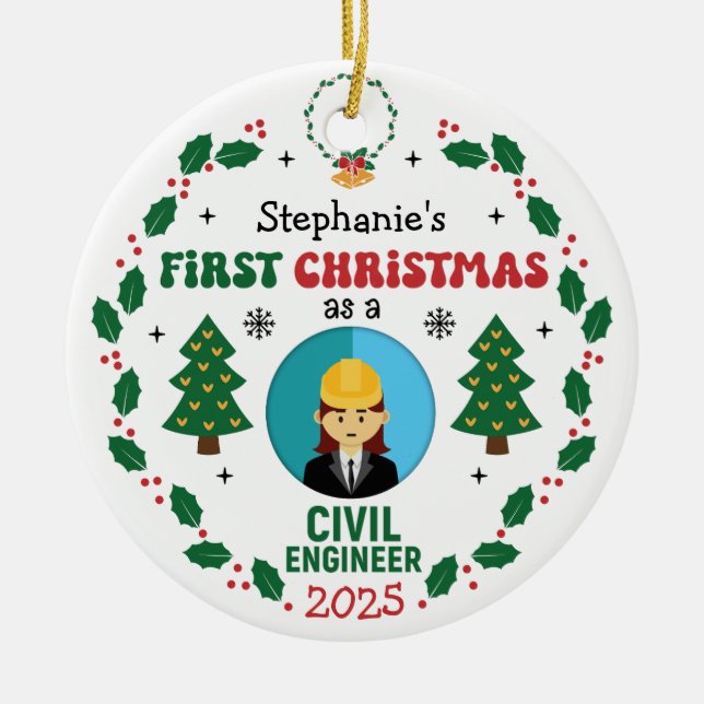 Civil Engineer First Christmas Custom Name Ceramic Tree Decoration (Front)