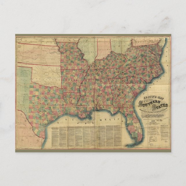 Civil War Southern States Map by J. Lloyd (1862) Postcard (Front)
