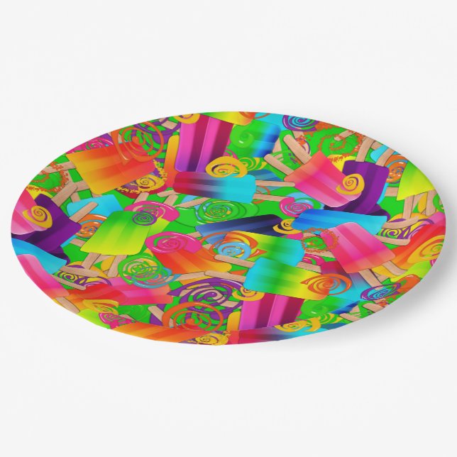 CKC Popsicle Swirls, Neon-PAPER PARTY PLATES (Angled)