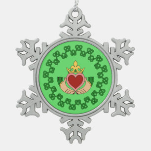 Claddagh and Green Knotwork Snowflake Pewter Christmas Ornament