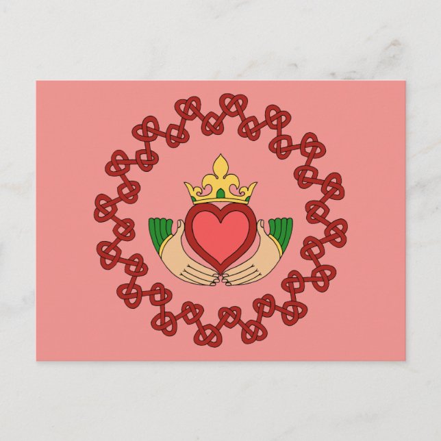 Claddagh and Red Knotwork on Pink Postcard (Front)