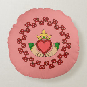 Claddagh and Red Knotwork on Pink Round Cushion