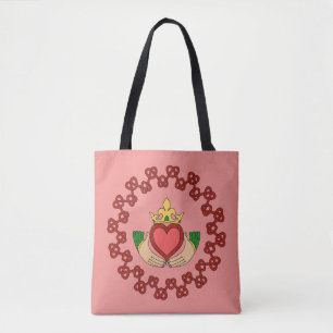 Claddagh and Red Knotwork on Pink Tote Bag
