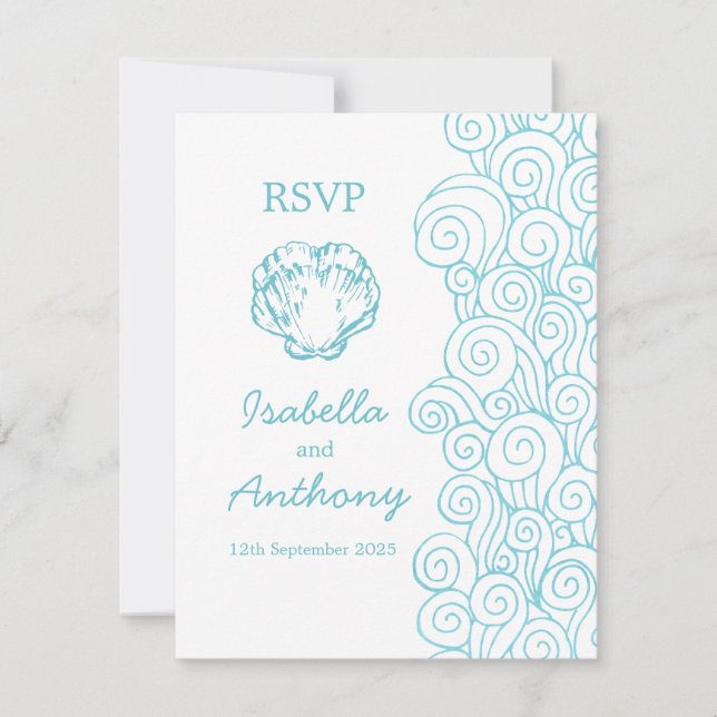 Clam shell & swirls blue & white art wedding RSVP Card (Front)