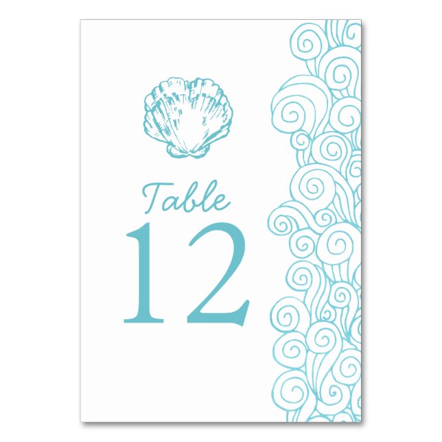Clam shell waves aqua beach Wedding table numbers (Back)