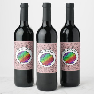 Clambake Rainbow Clam Shellfish Pink Pattern Wine Label