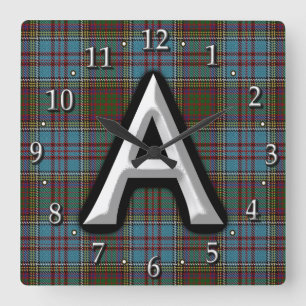 Clan Anderson Letter A Monogram Tartan Square Wall Clock
