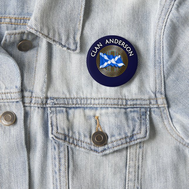 Clan Anderson Tartan Knot & Flag 6 Cm Round Badge (In Situ)
