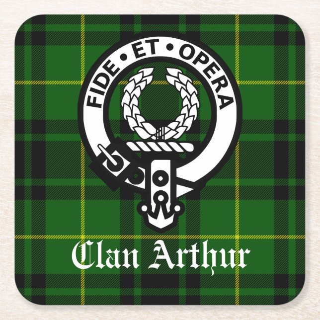 Clan Arthur Crest Badge & Tartan Square Paper Coaster (Front)