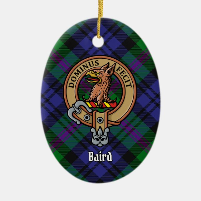 Clan Baird Crest over Tartan Ceramic Tree Decoration (Front)