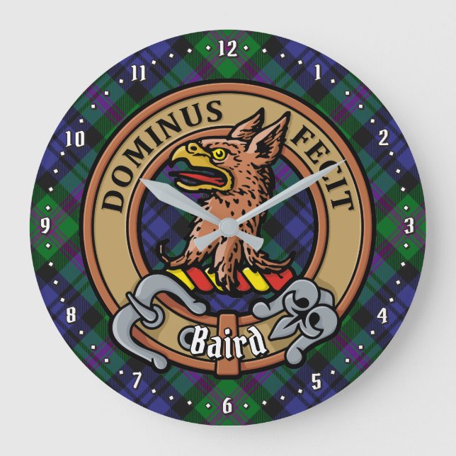 Clan Baird Crest over Tartan Large Clock (Front)