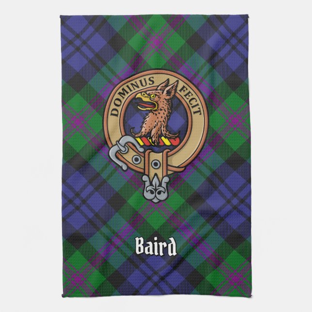 Clan Baird Crest over Tartan Tea Towel (Vertical)