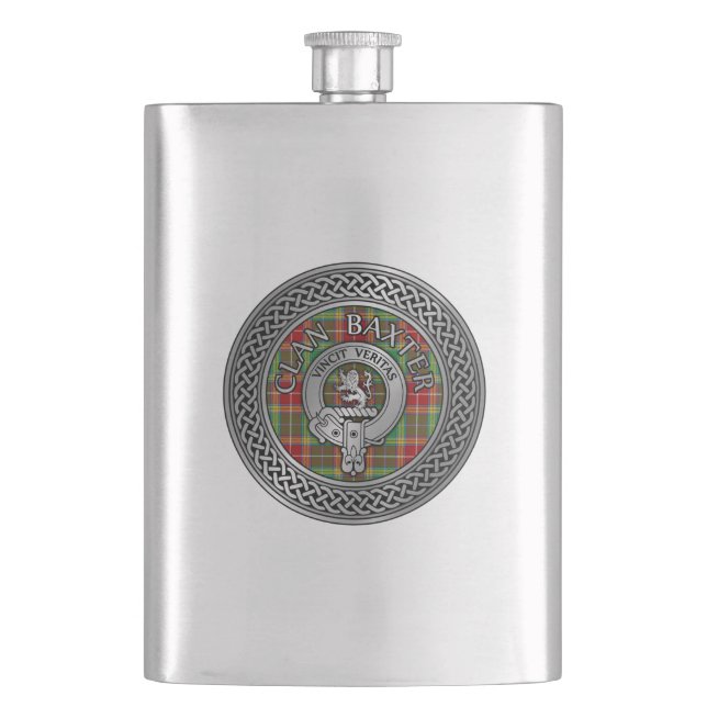 Clan Baxter Crest & Tartan Knot Hip Flask (Front)