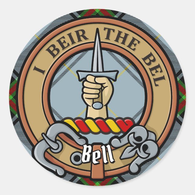 Clan Bell Crest over Tartan Classic Round Sticker (Front)