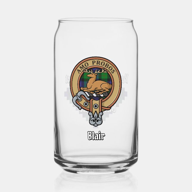 Clan Blair Crest over Tartan Can Glass (Front)